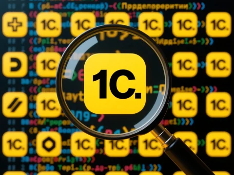 Magnified 1C Software Icons Over Colorful Code Background