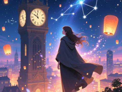 Maiden Gazing at Constellations by Towering Clock at Dusk