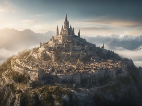 Majestic Ancient Castle on Mountain Peak at Sunrise