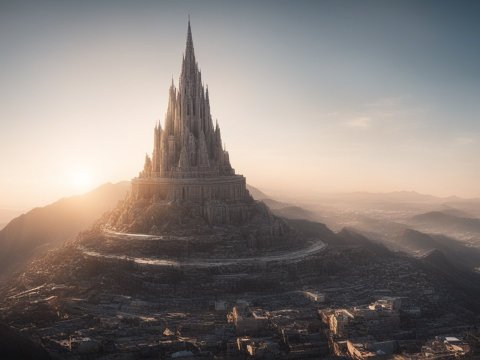 Majestic Ancient Tower on Mountain at Sunrise