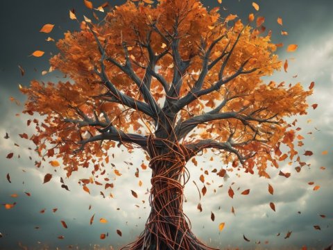 Majestic Autumn Tree with Falling Leaves