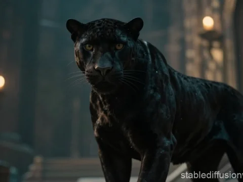 Majestic Black Panther in Dimly Lit Ancient Hall