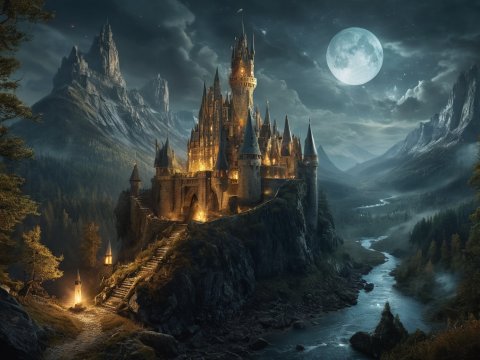 Majestic Castle Illuminated Under Full Moon in Mystical Valley