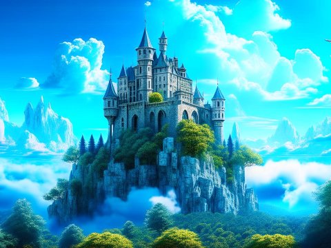 Majestic Castle on a Mountain Amidst Clouds