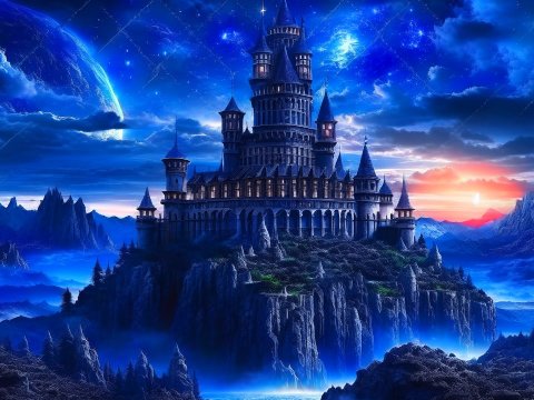 Majestic Castle on a Mountain Under a Cosmic Night Sky