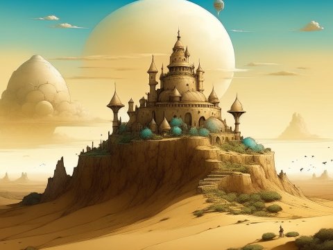 Majestic Castle on Desert Plateau with Giant Moon