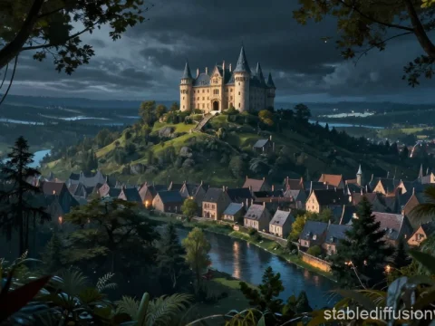 Majestic Castle on Hill Overlooking Village at Night