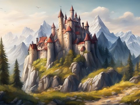 Majestic Castle on Rocky Hill with Mountain Backdrop