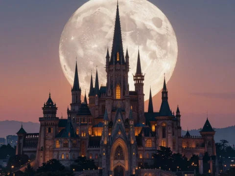 Majestic Castle Silhouetted Against a Giant Full Moon at Sunset