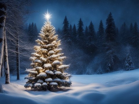 Majestic Christmas Tree Illuminated in Snowy Forest Night