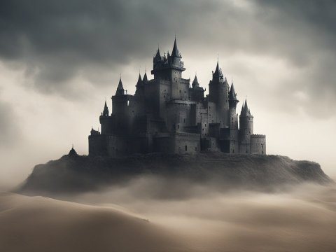 Majestic Dark Castle Surrounded by Misty Desert