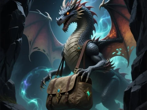 Majestic Dragon Holding a Magical Satchel in a Mystical Cave