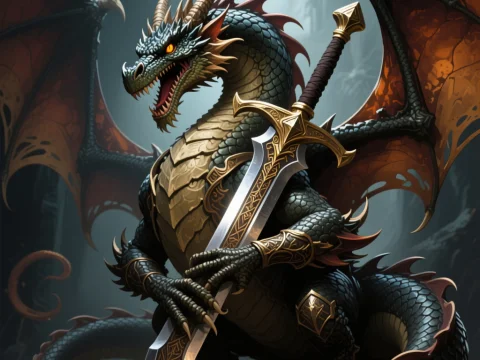 Majestic Dragon Holding Ornate Sword in Dark Fantasy Setting