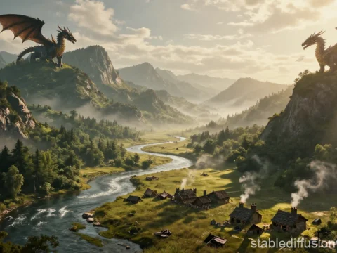 Majestic Dragons Over a Serene River Valley