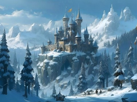Majestic Elven Fortress in Snowy Mountain Landscape