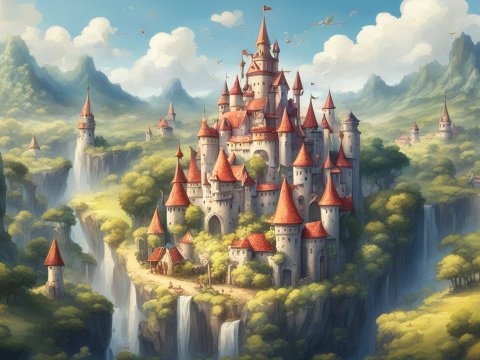 Majestic Fantasy Kingdom on a Cliff with Waterfalls