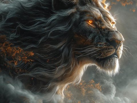 Majestic Glowing Lion in Mystical Forest