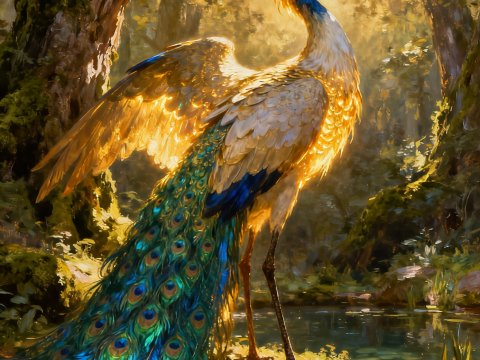 Majestic Golden Peacock in Enchanted Forest