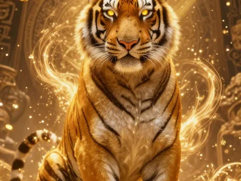 Majestic Golden Tiger with Glowing Eyes and Floating Jewels