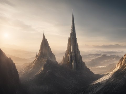 Majestic Gothic Spires Rising from Mountainous Landscape at Sunrise