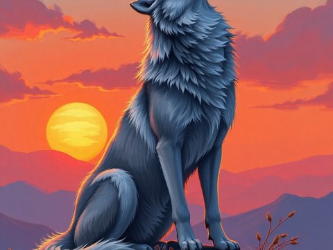 Majestic Grey Wolf Howling at Sunset
