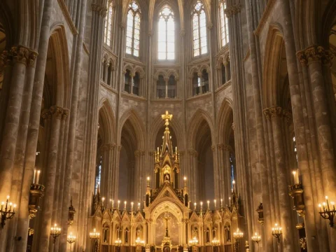 Majestic Interior of a Gothic Cathedral with Worshippers
