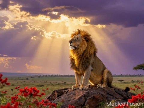 Majestic Lion Bathed in Golden Sunlight on African Savanna