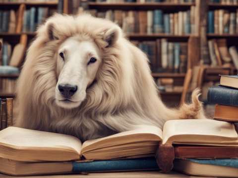 Majestic Lion with Dog Features Reading Books in a Library