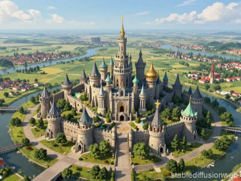 Majestic Medieval Castle Surrounded by River and Village