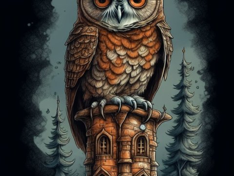 Majestic Owl Perched on Tower in Mystical Forest