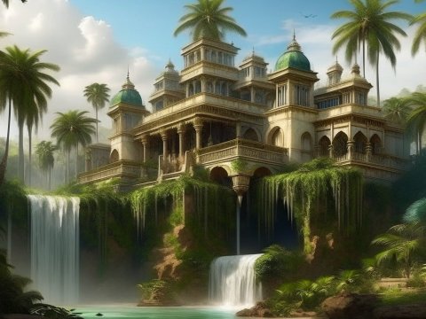 Majestic Palace Overlooking Waterfalls in Lush Jungle