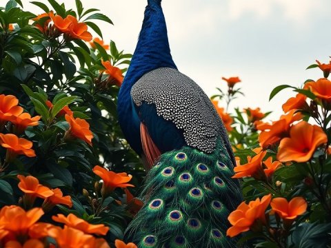Majestic Peacock Among Vibrant Orange Flowers
