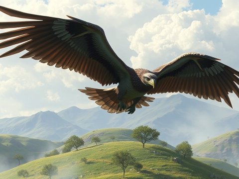 Majestic Predator Bird Soaring Over Rolling Hills