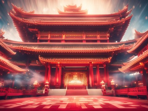 Majestic Red Buddhist Temple Interior with Glowing Light