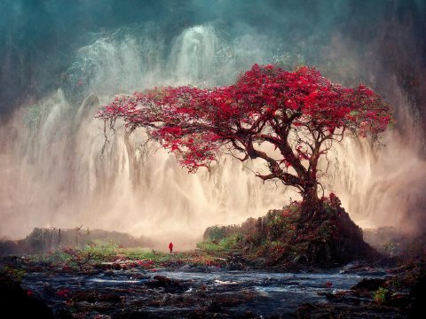 Majestic Red Tree by a Waterfall in Mystical Landscape