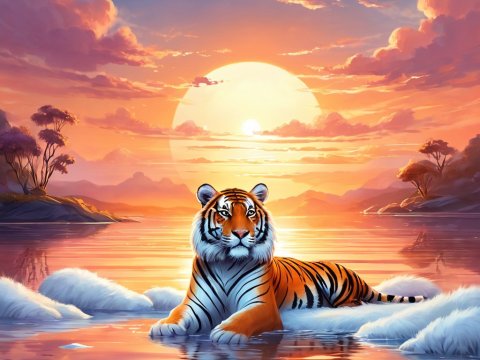 Majestic Tiger Resting at Sunset on Water