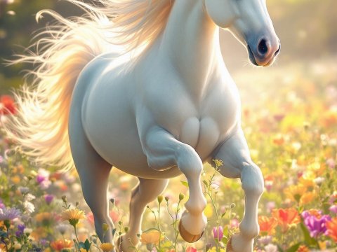 Majestic Unicorn Prancing Through a Vibrant Flower Field