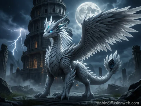 Majestic White Dragon in Stormy Ruins Under Full Moon