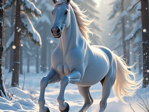 Majestic White Horse Galloping Through Snowy Forest