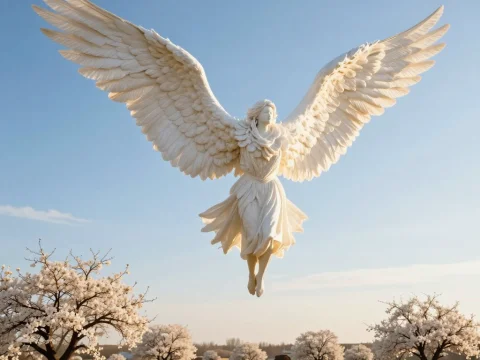 Majestic White Winged Angel Soaring Over Blossoming Orchard