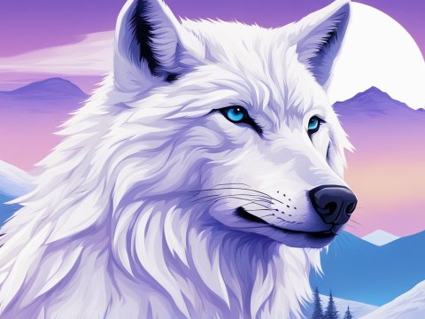 Majestic White Wolf with Blue Eyes at Sunset