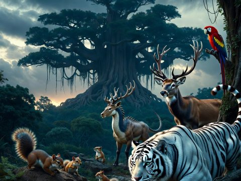 Majestic Wildlife Gathering by an Ancient Tree at Dusk