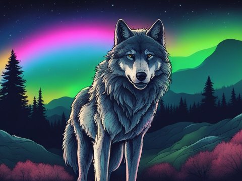 Majestic Wolf Under Vibrant Northern Lights
