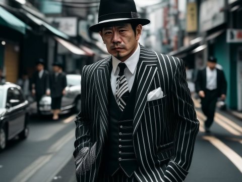 Male Gangster in Pinstripe Suit on Urban Street
