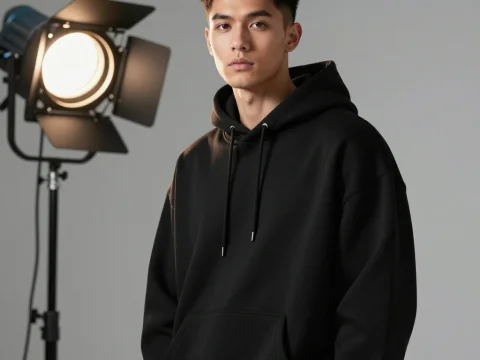 Male Model Wearing Black Hoodie in Studio Lighting