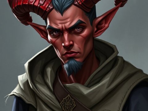 Male Tiefling Portrait with Red Horns and Hooded Cloak