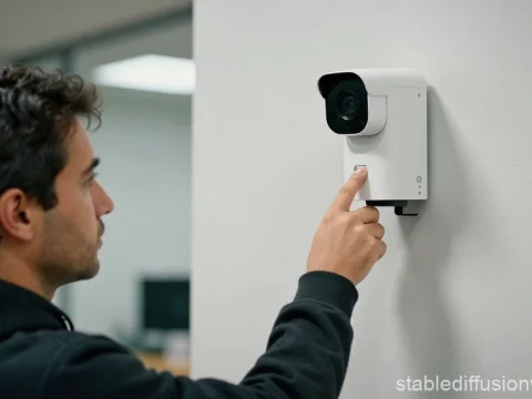 Man Adjusting Modern Security Camera on Wall
