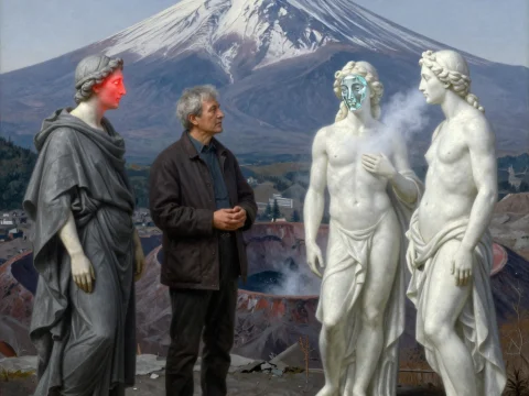 Man Among Classical Statues with Mount Fuji in Background