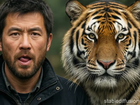 Man and Amur Tiger Close-Up Portrait