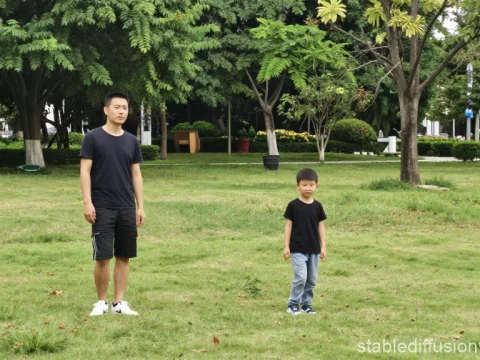 Man and Child Standing in a Green Park